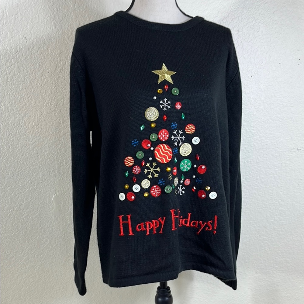 Black Holiday Sweater with Festive Tree Design